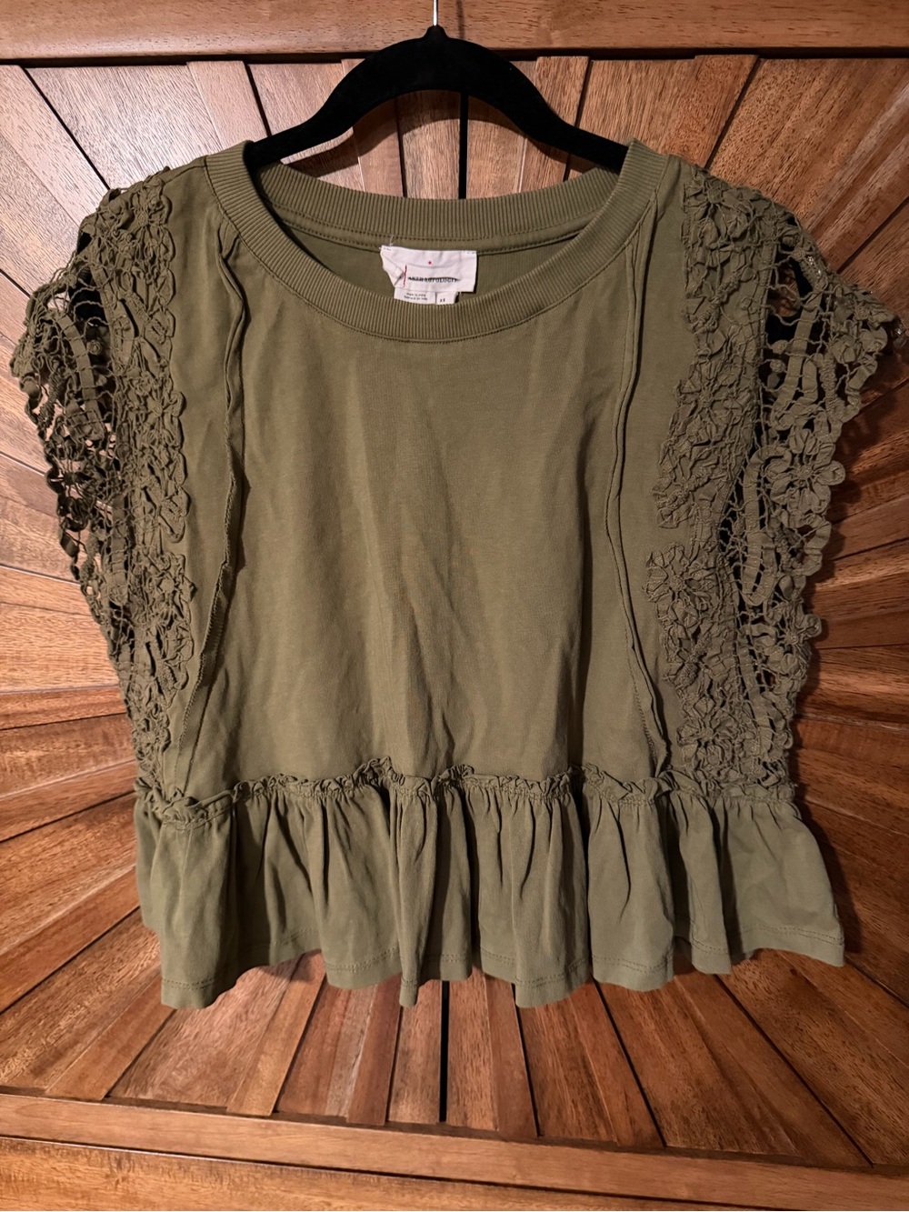 Anthropologie Olive Green Crochet-Sleeve Ruffle Crop Top